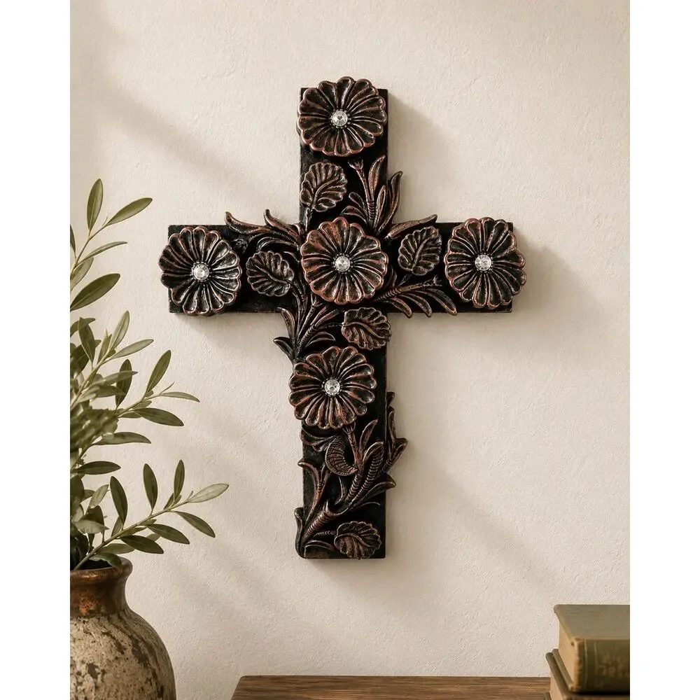 Decorative Floral Wall Cross Heavy Resin Pink Metallic Rhinestone Accents 10x14